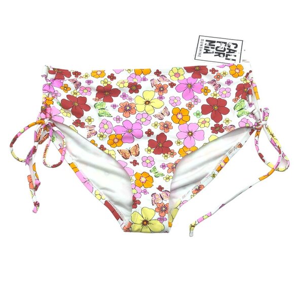 California Sunshine High Waisted Floral Bikini Bottom Lace-Up Sides White 1X - Picture 4 of 7